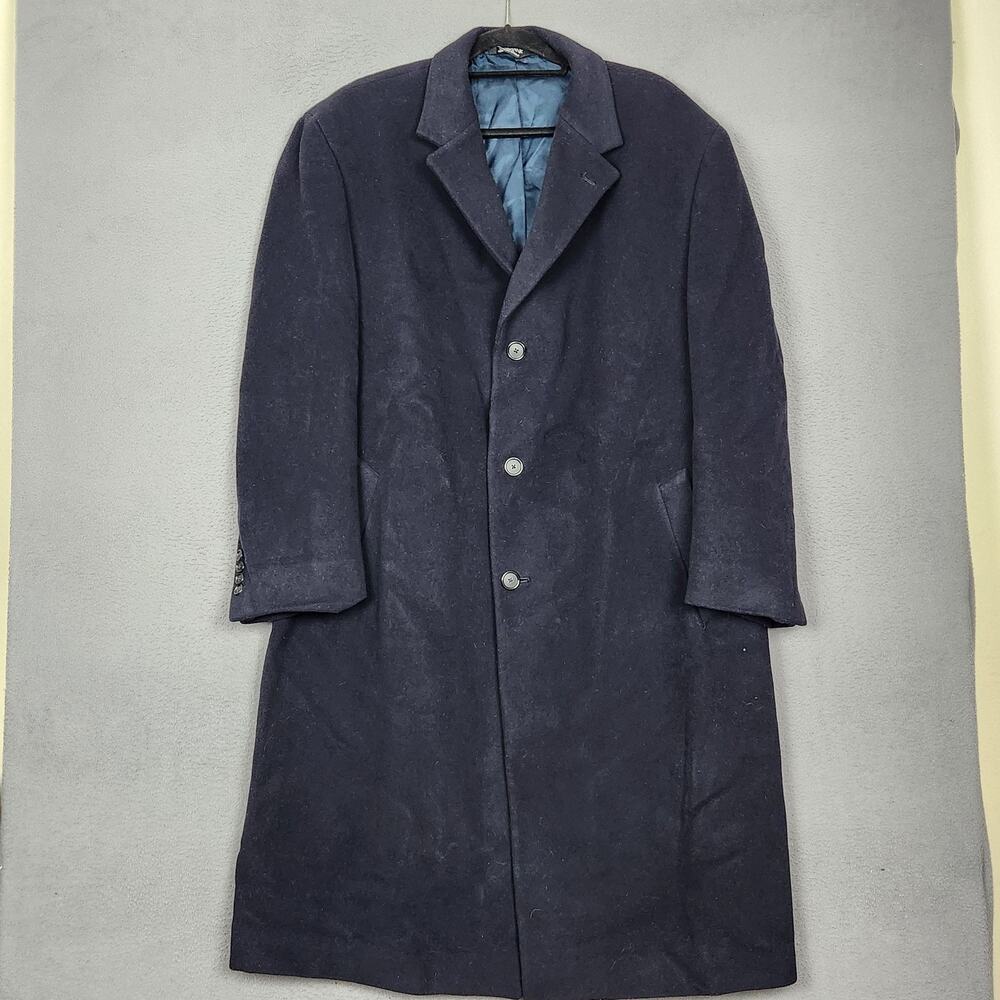 Jos A Bank Overcoat Mens 46 Blue Wool Cashmere Lined Long Dress Winter Coat